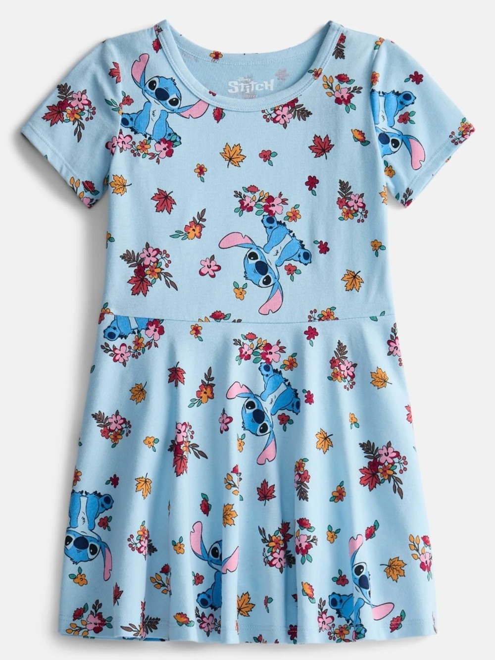 Disney Stitch Girls Skater Dress Size 8 M Blue Floral Fall NWT